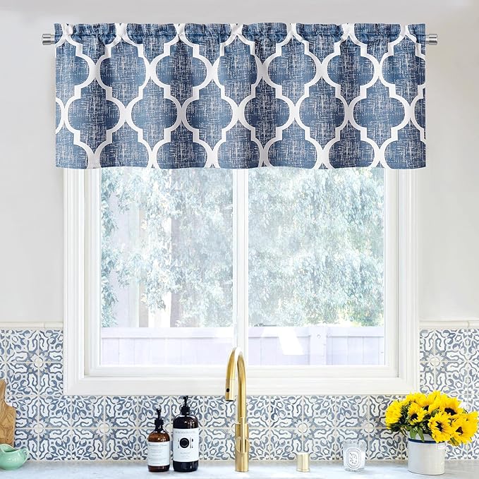 Beauoop Kitchen Cafe Valance Moroccan Tiles Print for Windows Geometric Small Blackout Curtains Room Darkening Rod Pocket Window Treatment for Living Room Bathroom,Blue, 50" W x 18" L, 1 Panel