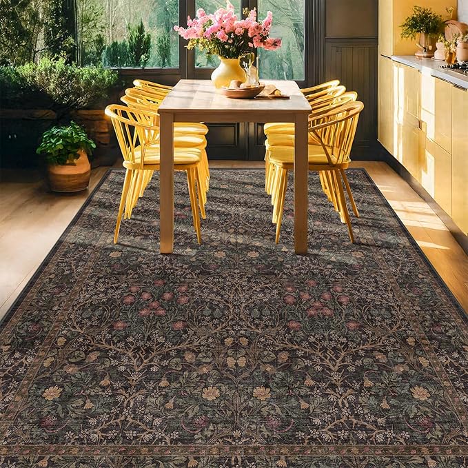 Dark Brown Washable Area Rug for Living Room - 6x9 Oriental Area Rug for Dining Room Under Table, Low Pile Non-Slip Floor Carpet for Bedroom - Vintage Botanical Floral Design & Stain Resistance