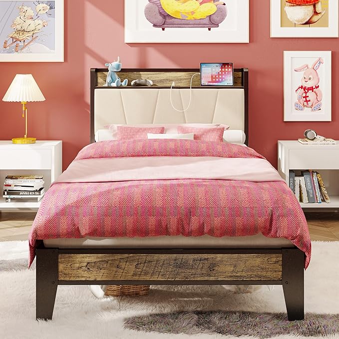 LIKIMIO Twin XL Bed Frames, Storage Headboard with Charging Station, Solid and Stable, Noise Free, No Box Spring Needed, Easy Assembly (Walnut and Beige)