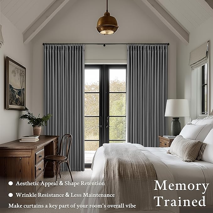 Dark Grey Pinch Pleated Blackout Curtains 108 Inches Long for Bedroom 100% Black Out Thick Linen Dual Layer Pleated Drapes Farmhouse Country Charcoal Gray 108 Inch Curtain for Dining Living Room