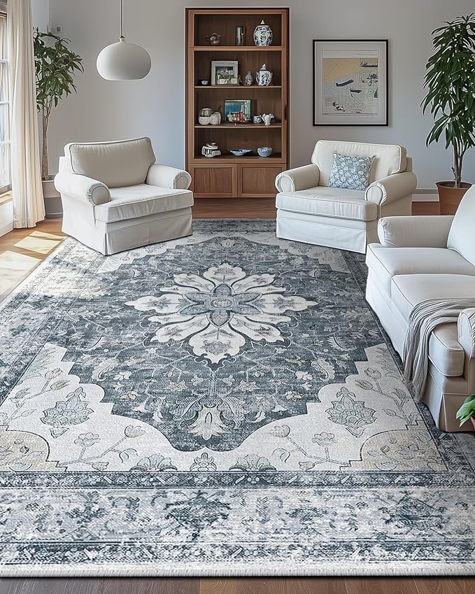Area Rugs 9'x12' Washable Non-Slip, Floral Vintage Distress Print Pattern Medallion Carpet for Living Room Bedroom Dining Room, Light Gray Grey White