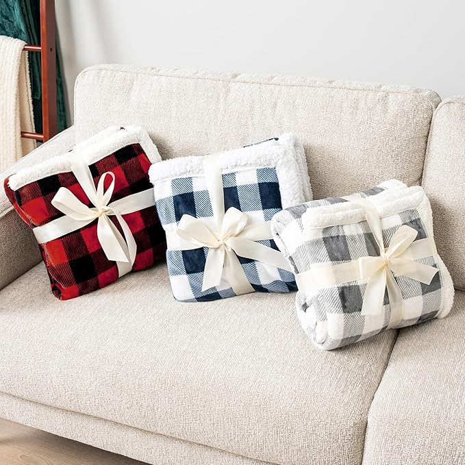 PAVILIA Buffalo Check Sherpa Blanket Throw Queen,Red Black Checkered Flannel Fleece Blanket,Christmas Plaid Warm Plush Microfiber Blanket for Couch Sofa,90x90 Inches