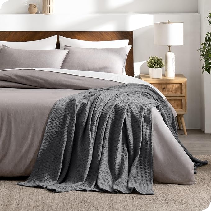 Bare Home Grey Waffle Blanket, Full/Queen 90Wx90L, 100% Cotton, Soft & Breathable Throw for All Seasons, Lightweight Blanket, Perfect for Layering Bed, Sofa & Couch (Full/Queen, Grey)