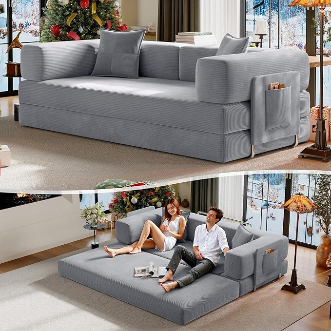 78.8" Convertible Futon Sofa Bed,Corduroy Futon Couch with Storage Pocket,Folding Pull Out Sofa,No Assembly Boneless Couch for Living Room,Grey