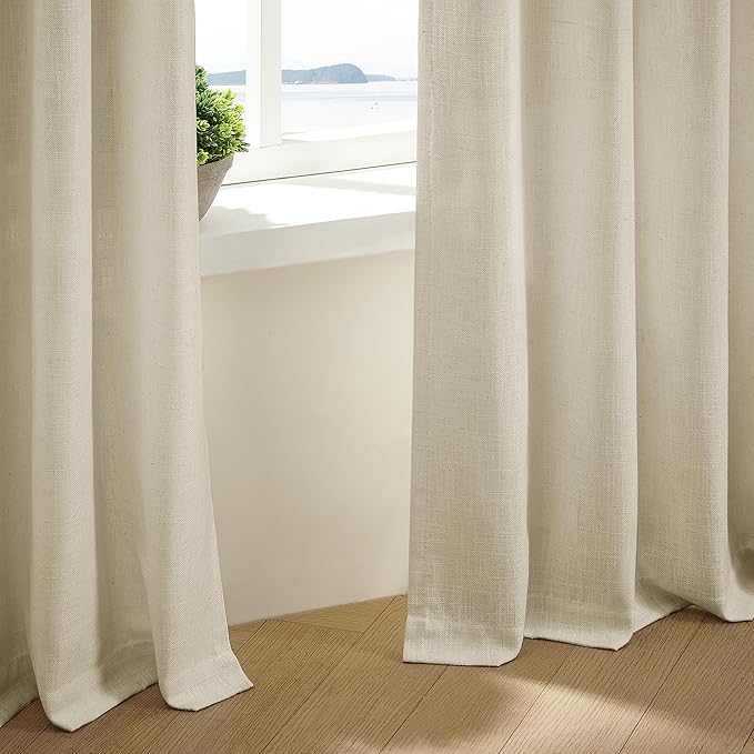 Neutral Linen Pinch Pleated Curtains 84 Inches Long 2 Panels for Living Room Bedroom Memory Training Shaped Semi Sheer Beige Oatmeal Pleat Drapes with Hooks Rings Light Filtering Window Curtain 40x84