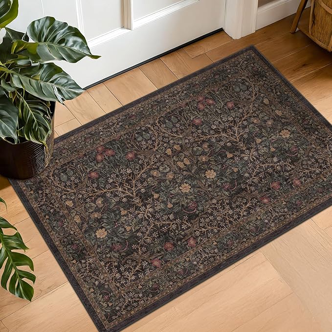 Boho Brown Washable 2x3 Entryway Rug - Front Door Mat Rugs Indoor Entrance, Non-Slip Vintage Floral Small Throw Rug for Kitchen, Bathroom, Dark Modern Western Unique Entry Décor
