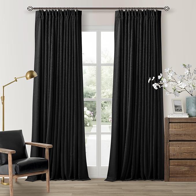 Pinch Pleated Blackout Curtains 102 Inches Long for Bedroom 100% Black Out Thick Linen Dual Layer Pinch Pleat Drapes with Back Tab Farmhouse Modern Black 102 Inch Curtain for Dining Living Room