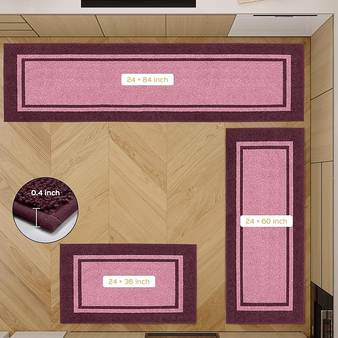 Kitchen Rugs 24" x 36", Non-Slip Machine Washable Kitchen Runner Rugs Floor Mats, Absorbent Comfort Standing Mats for Kitchen, Sink, Laundry and Hallway, Pink & Burgundy Red