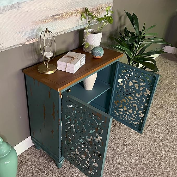 PHI VILLA Blue Accent Cabinets, Small Buffet Sideboad Cabinet, Hollow Carved 2 Door Credenza, Farmhouse Storage Cabinet for Living Room