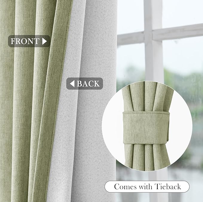 Macochico 100% Blackout Curtains Thermal Insulated Noise Reducing Chenille Curtains for Hotel Auditorium Bedroom Living Room Grommet Green Tint Curtains with Tieback Classic 52" Wx84 L 1 Panel