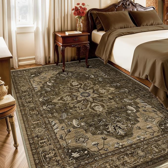 Area Rugs 3'x5' Washable Non-Slip, Floral Vintage Distress Print Pattern Medallion Carpet for Living Room Bedroom Dining Room, Brown Dark Brown