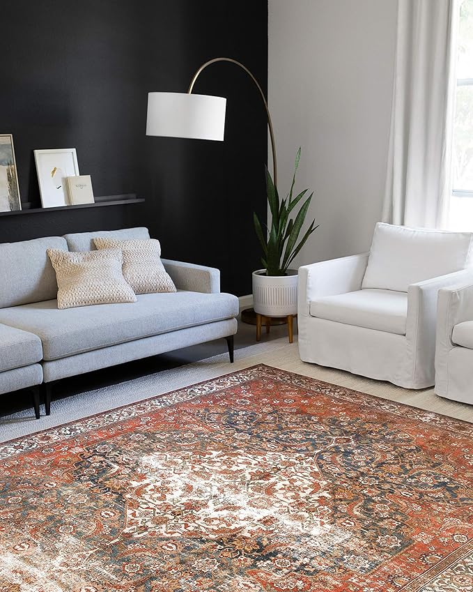 Loloi Layla Collection LAY-05 Ocean/Multi 9'-0" x 12'-0" .13" Thick Area Rug, Soft, Durable, Vintage Inspired, Distressed, Low Pile, Non-Shedding, Easy Clean, Printed, Living Room Rug