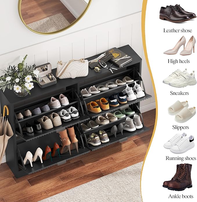 Shoe Cabinet Storage for Entryway with 4 Flip Drawers, Black Fluted Shoe Cabinet with Adjustable Shelves, Wooden Hidden Shoe Rack Freestanding Narrow Slim Shoes Storage for Hallway, Entrance