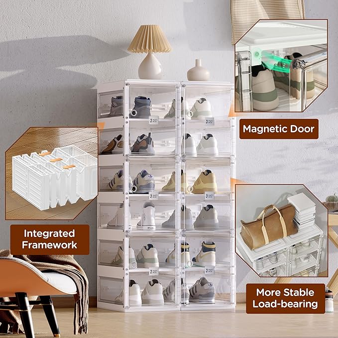 ANTBOX Foldable Shoe Rack,Shoe Organizers for Closet Plastic Shoe Storage Box Space Saving for Entryway, Large Sturdy Stackable Sneaker Cabinet Bins with Magnetic Clear Door 8 Tiers 16 Pairs