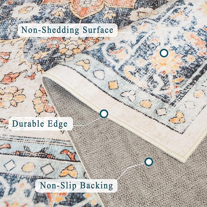 vivorug 9x12 Area Rugs for Living Room, Non Slip Machine Washable Vintage Rug, Ultra-Thin Lightweight Large Area Rug for Bedroom, Dining Room, Low Pile Rug Orange/Navy
