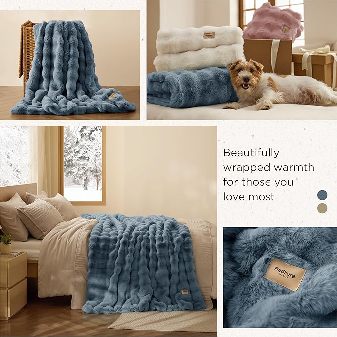 Bedsure GentleSoft Fluffy Faux Fur Throw Blanket for Couch, Soft Fuzzy Bubble Blanket Home Decor Gifts for Bedroom Living Room, Thick Warm Furry Cozy Gifts for Women, Greyish Blue, 50x60 Inch