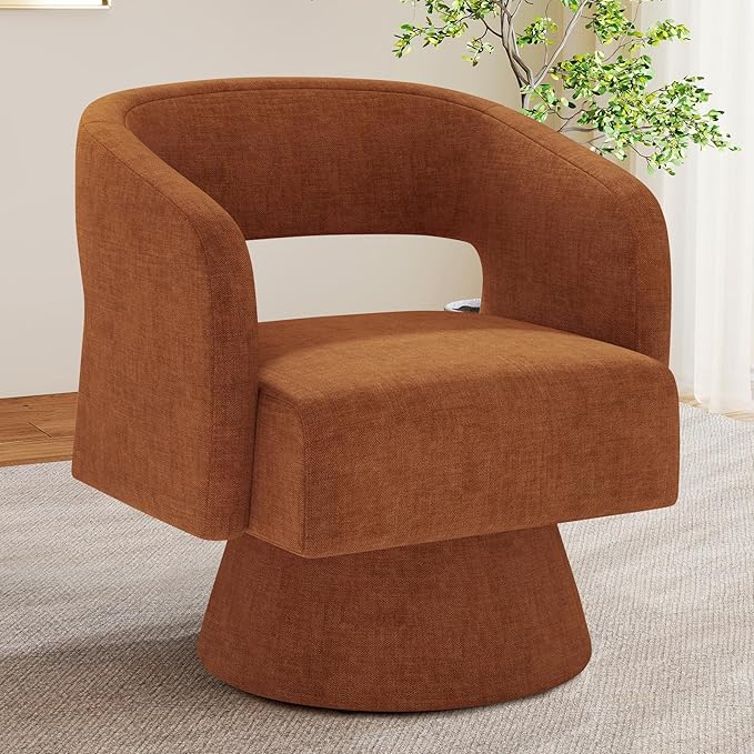 Swivel Accent Chair, Modern Comfy Chenille Barrel Chairs, Oversized Upholstered Round Arm Chair for Living Room, Bedroom, Reading Room, Caramel, 1 PCS
