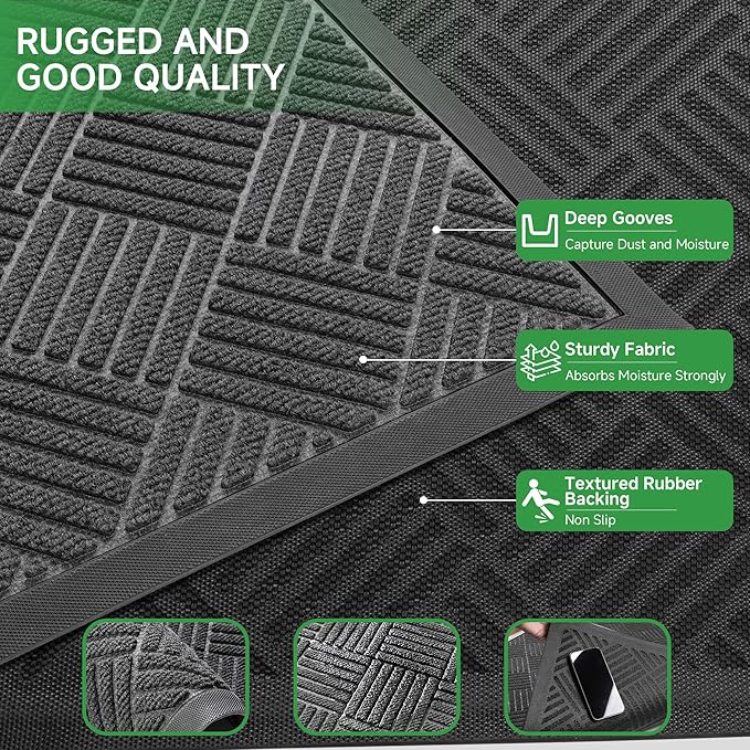 Front Door Mat, Heavy Duty Indoor Outdoor Doormat, 60” x 48” Low Profile Outdoor Mats for Home Entrance, Stain and Fade Resistant Welcome Mat, Ideal for High Traffic Area, Diamond Grey