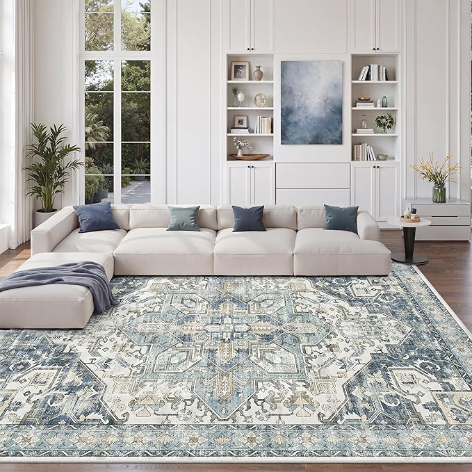 zesthome 10x12 Area Rugs-Washable Rug for Living Room, Non-Slip Backing Rugs, Stain Resistant 10x12 Rug for Bedroom, Ultra-Thin Low Pile Rugs, Vintage Large Home Decor