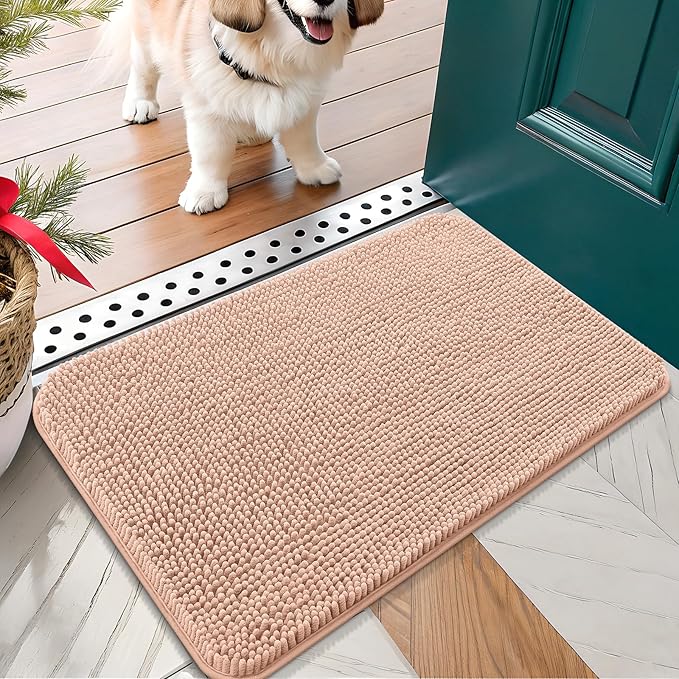 OLANLY Dog Door Mat for Muddy Paws 30x17, Absorbs Moisture and Dirt, Absorbent Non-Slip Washable Doormat, Quick Dry Chenille Mud Mat for Dogs, Entry Indoor Entryway Carpet for Inside Floor, Peach