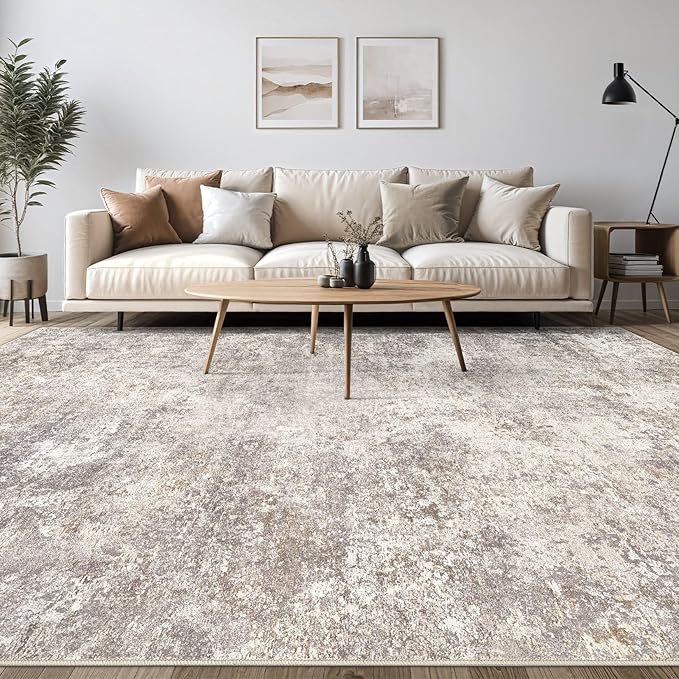 Area Rug Living Room Rugs - 10x12 Washable Large Soft Indoor Neutral Modern Abstract Low Pile Rug Carpet for Bedroom Dining Room Farmhouse Home Office - Brown