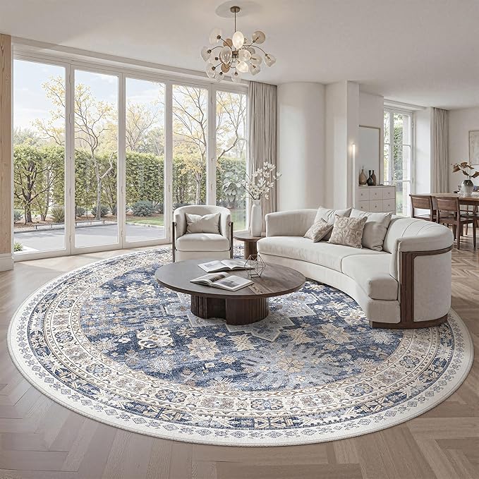 zesthome 9ft Round Rugs for Living Room, Non-Slip Washable Round Area Rugs, Ultra-Thin Large Circle Rugs, Soft Low Pile Rug for Bedroom, Kitchen - Vintage Stain Resistant Round Rug (Blue/Beige,9'x9')