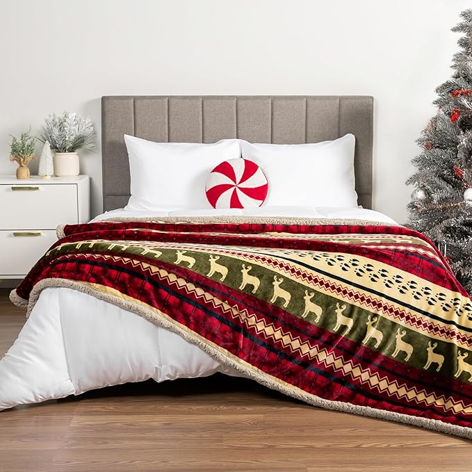Pavilia Christmas Sherpa Blanket Throw Queen Bed - Red Flannel Fleece Christmas Decoration - Plush, Warm, Soft, Cozy Reversible Winter Holiday Blanket 90x90