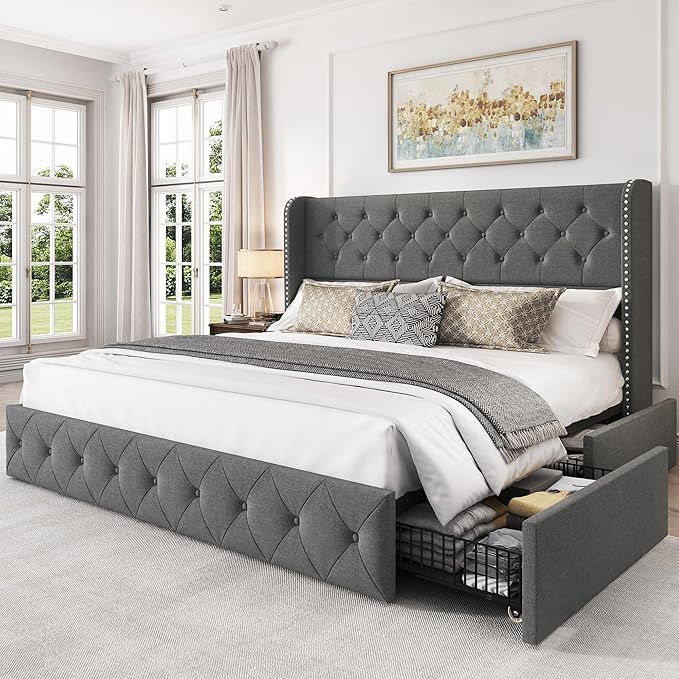 LARMACE Upholstered King Size Bed Frame with 4 Storage Drawers and Wingback Headboard Tufted Platform Bed Frame Linen Beds with Wooden Slats Support, Easy Assembly, Light Grey