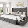 LARMACE Upholstered King Size Bed Frame with 4 Storage Drawers and Wingback Headboard Tufted Platform Bed Frame Linen Beds with Wooden Slats Support, Easy Assembly, Light Grey