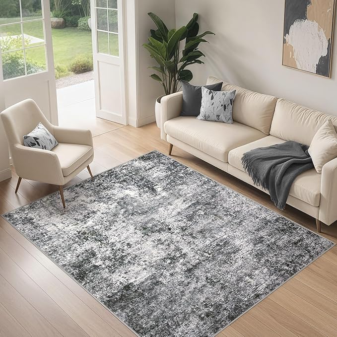 Area Rug Living Room Rugs - 4x6 Large Soft Indoor Neutral Modern Abstract Low Pile Washable Rug Carpet for Bedroom Dining Room Farmhouse Home Office - Grey