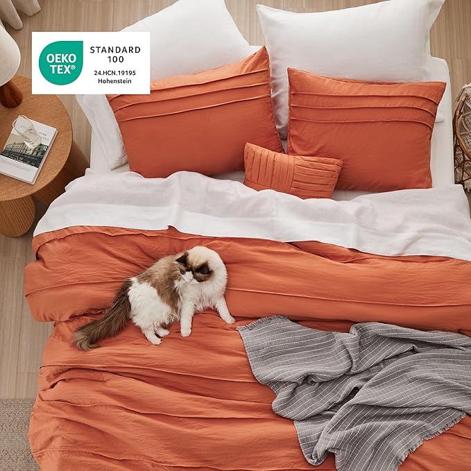 Bedsure King Comforter Set - 4 Pieces Pinch Pleat Bed Set, Burnt Orange Boho Bedding for All Season, 1 Soft Comforter, 2 Pillowcases, 1 Decorative Pillow