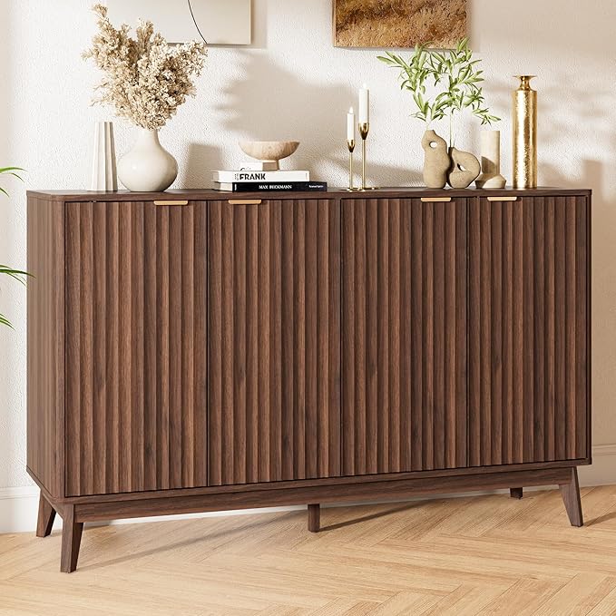 Sideboard Cabinet, 55'' Buffet Cabinet, Modern Fluted Storage Cabinet with Adjustable Shelf & Doors, Accent Credenza Sideboard for Kitchen, Coffee Bar, Living Room, Entryway, Hallway