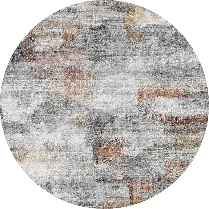 vivorug Round Rug 5ft Abstract Round Area Rug Non-Slip Indoor Carpet for Living Room Bedroom Entryway, Stain Resistant Home Decor Circle Rug, Grey/Rust