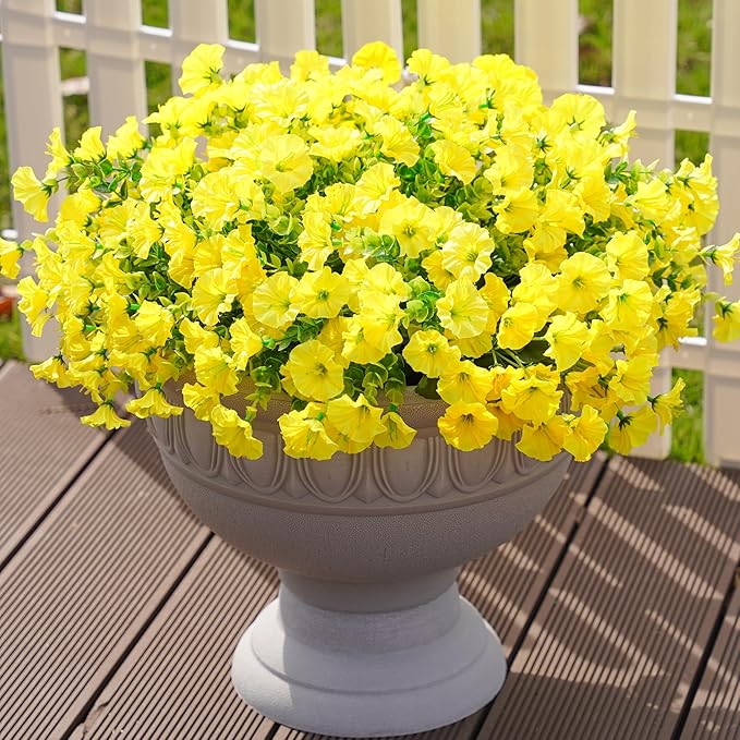 Artificial Flowers Fake Plants for Outdoors Decoration, 12 Bundles Yellow Silk Morning Glory with Eucalyptus Realistic UV Resistant Faux Flowers for Outside Planter Porch Yard Patio Garden Home Indoor