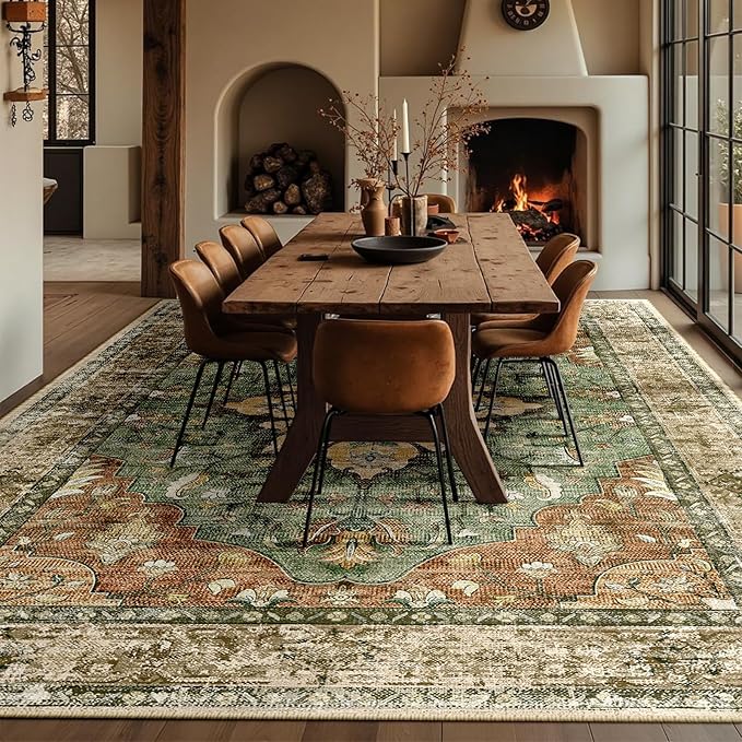 Area Rugs 10'x12' Washable Non-Slip, Floral Vintage Distress Print Pattern Medallion Carpet for Living Room Bedroom Dining Room, Brick Red Rust Neutral Brown Burnt Orange Green