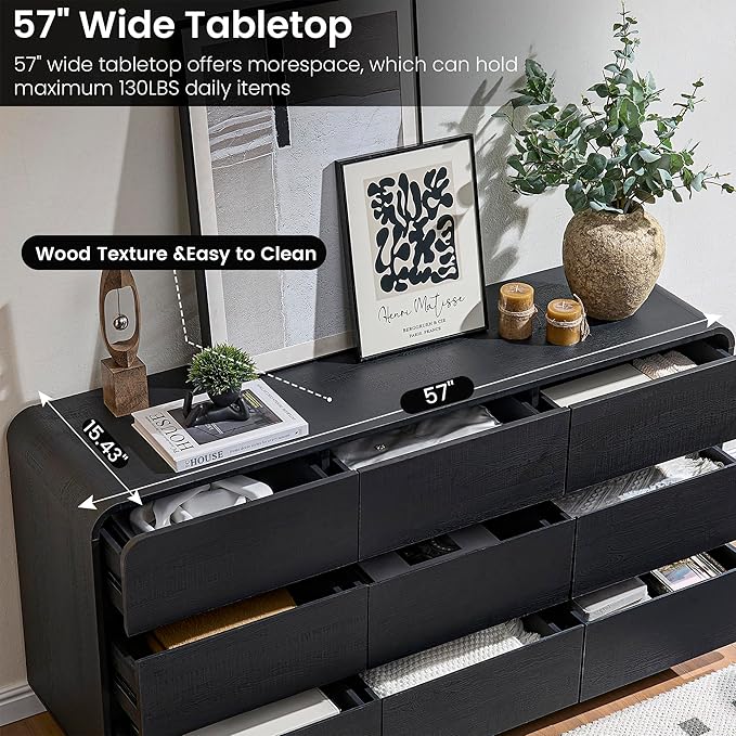 9 Dresser for Bedroom, 57" Wide Vertical Drawer Dresser with Large Storage, Wooden Drawer Closet for Bedroom, Living Room, Black