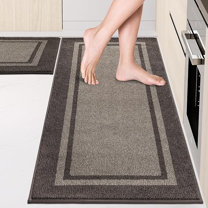 Kitchen Rugs Set (24" x 36"+24" x 60"), Non-Slip Machine Washable Kitchen Runner Rugs Floor Mats, Absorbent Comfort Standing Mat for Kitchen, Sink and Hallway, Rolled Packaging, Grayish Brown & Coffee