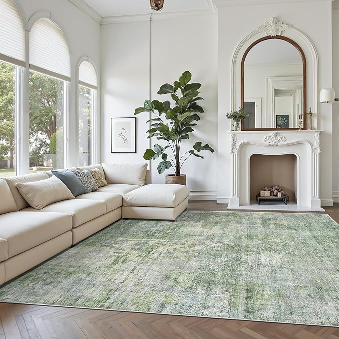 9x12 Area Rugs for Living Room, Non-Slip Machine Washable Vintage Rugs, Abstract Low Pile Lightweight Large Rug for Bedroom, Dining Room, Home Office Green Ivory