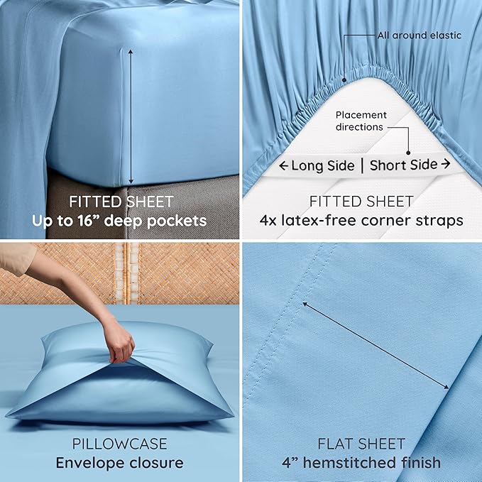 Bambaw California King Sheet Set 4pcs – 100% Viscose Derived from Bamboo Sheets Deep Pocket, Fits Up to 16'' Mattresses, Temperature Cooling Bed Sheets, Super Soft Bed Sheets (Dream Blue)