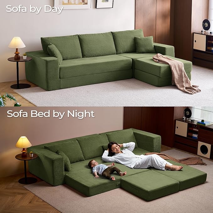 LINSY HOME Convertible Sofa Bed with 2 Pillows & Ottoman, Boneless Couch Folding Modular Sectional Sleeper Sofa, L Shaped Sofas Corduroy Couch Bed Compression Sofa for Living Room Apartment, Green
