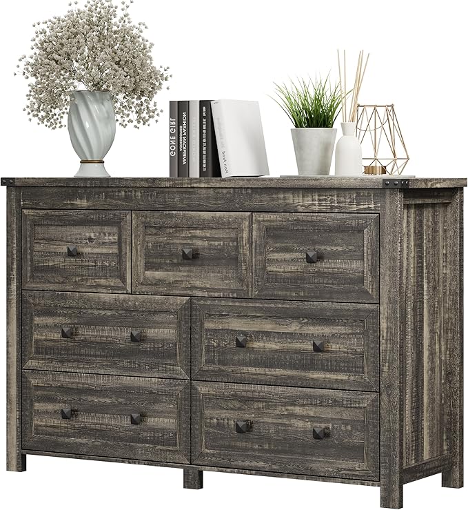 Dresser for Bedroom with 7 Drawers, Farmhouse Wood Chest of Drawers, Wide TV Stand Closet Storage Furniture with Metal Handle, Modern Wooden Clothes Organizer for Hallway, Living Room, Entryway, Grey