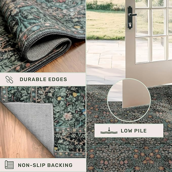 Dark Green 3x10 ft Extra Long Wide Runner Rug for Hallway Non Slip Washable, Large Kitchen Indoor Floor Rugs for Entryway Bathroom Bedroom, Stain Resistant Vintage Floral Carpet