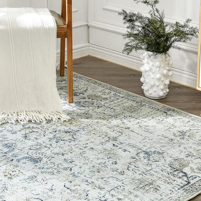 jinchan Kalen Runner Rug 3x8 Washable Hallway Rug Vintage Indoor Thin Retro Floor Cover Distressed Floral Country Lightweight Non Slip Carpet for Entryway Bathroom Bedroom Living Room Stairway Blue