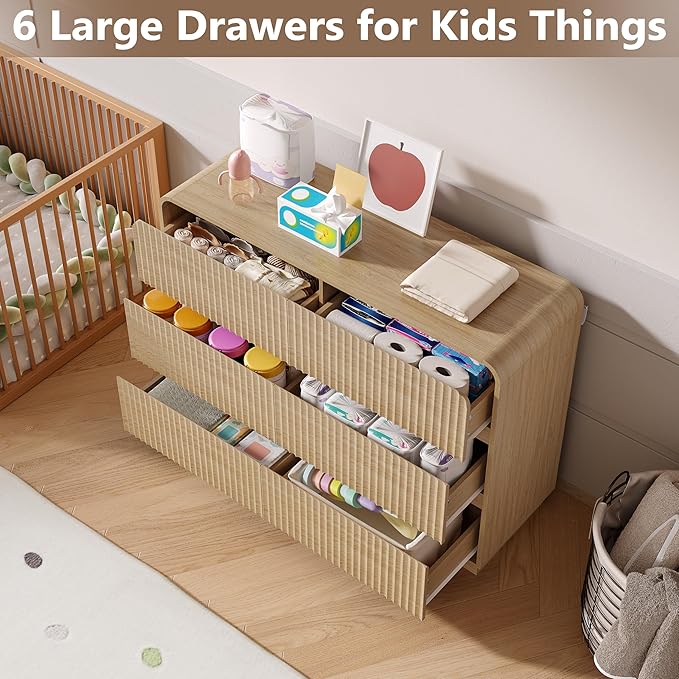 Dresser for Bedroom with 6 Drawers, Fluted Chest of Drawers with Round Curved Corner, Hidden Handles, Modern Wood Storage Organizer for Bedroom, Nursery, Living Room
