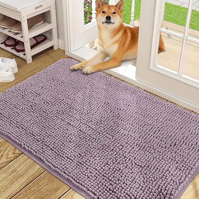 OLANLY Dog Door Mat for Muddy Paws 48x30, Absorbs Moisture and Dirt, Absorbent Non-Slip Washable Doormat, Quick Dry Chenille Mud Mat for Dogs, Entry Indoor Entryway Carpet for Inside Floor, Deep Plum