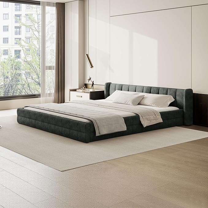 DEINPPA King Size Bed Frame with Cloud Soft Headboard, Chenille Upholstered Grounded Wood Base Bed Frame, No Box Spring Needed-Dark Grey