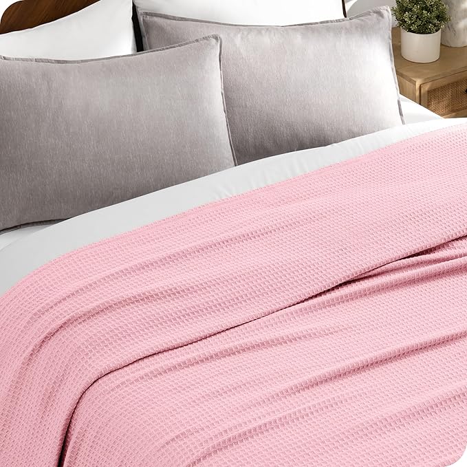 Bare Home Light Pink Waffle Blanket, 108Wx90L, 100% Cotton, Soft & Breathable for All Seasons, Lightweight Blanket, Perfect for Layering Bed, Sofa & Couch (King/Cal King, Light Pink)