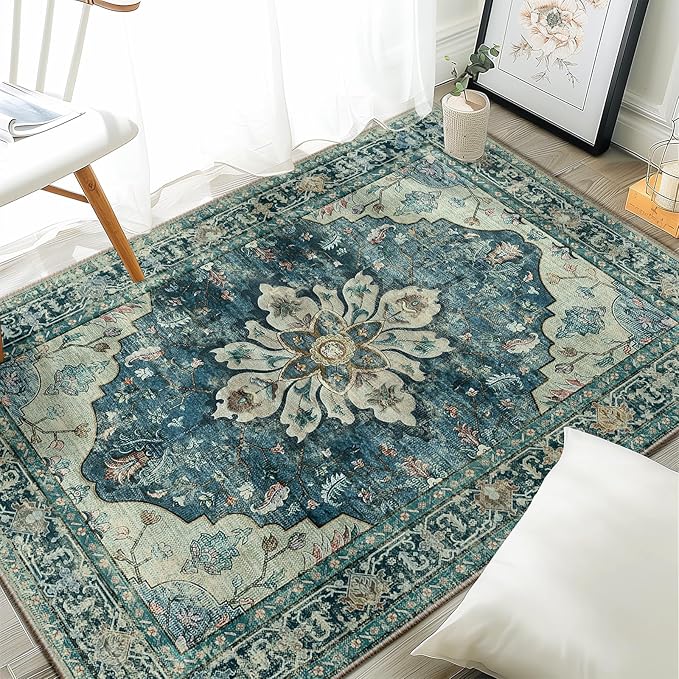 Area Rugs 3'x4' Washable Non-Slip, Floral Vintage Distress Print Pattern Medallion Carpet for Living Room Bedroom Dining Room, Dark Blue Vintage