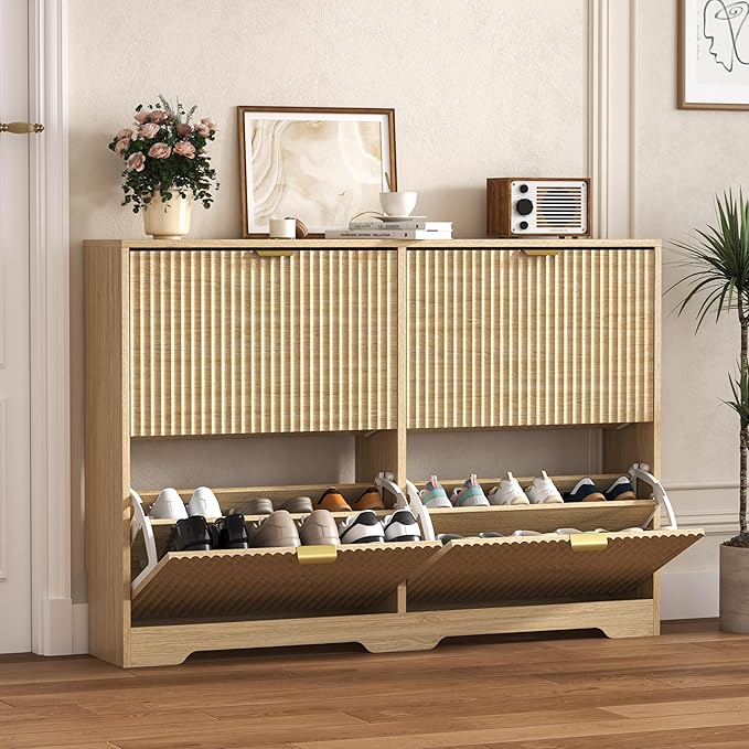 Shoe Cabinet Storage for Entryway with 4 Flip Drawers, Oak Fluted Shoe Cabinet with Adjustable Shelves, Wooden Hidden Shoes Rack Freestanding Narrow Slim Shoes Storage for Hallway, Entrance