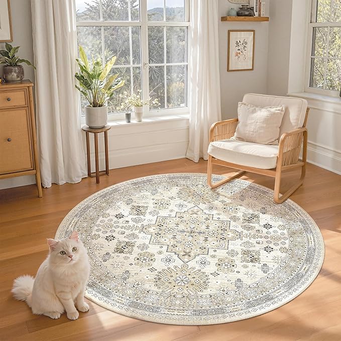 zesthome Washable Round Area Rugs - Non-Slip 6ft Round Rugs, Ultra-Thin Large Circle Rugs for Living Room, Soft Low Pile Rug for Bedroom, Kitchen, Nursery - Vintage Stain Resistant Round Rug